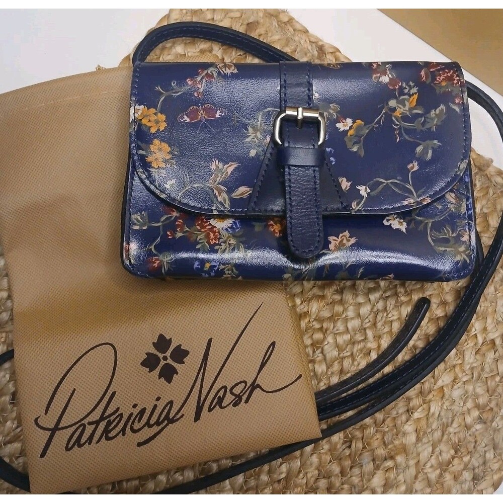 Patricia Nash Small Crossbody Torri Butterfly Gardens Leather Navy Blue NEW $104